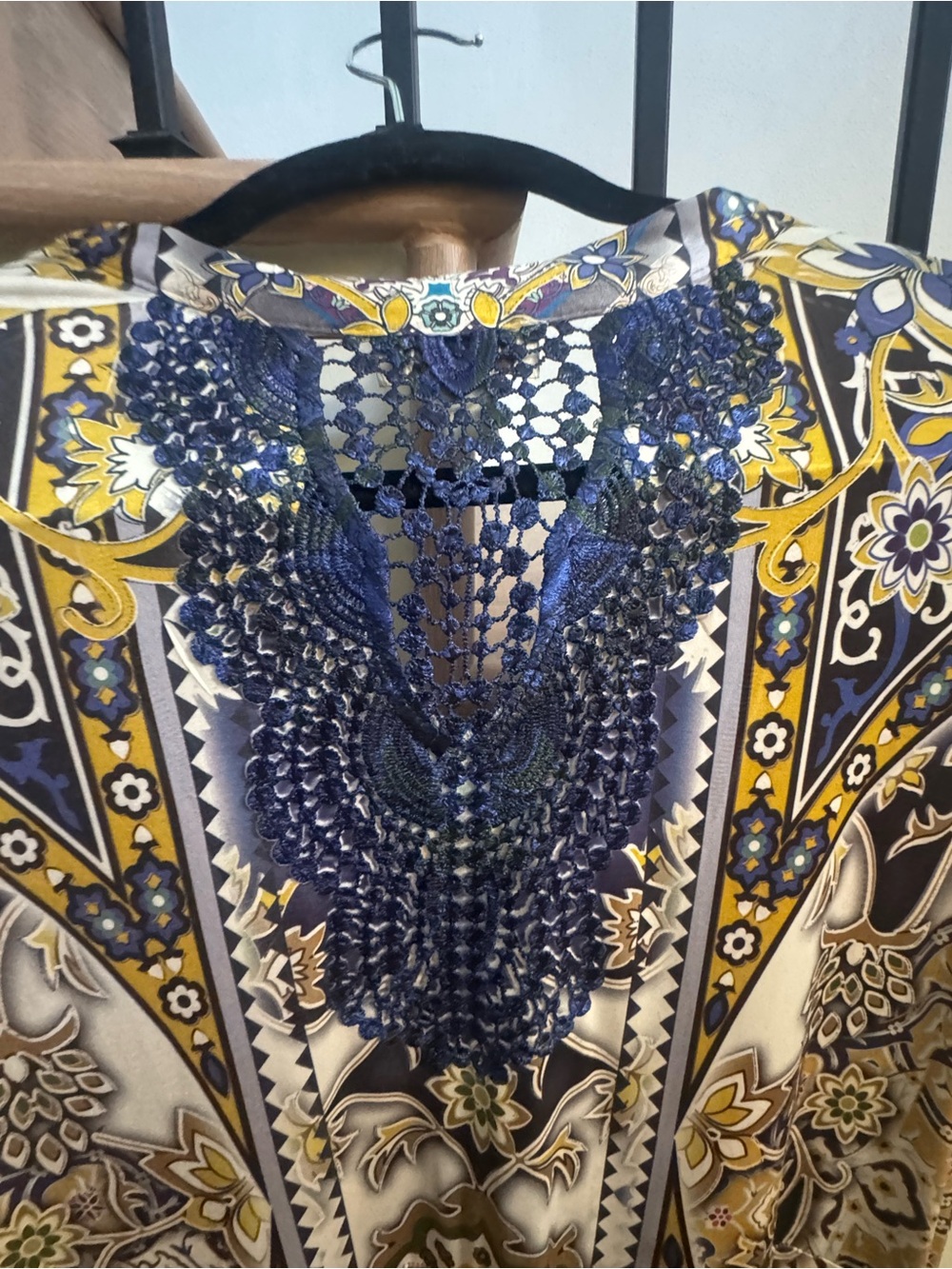 ONE WORLD Navy and Gold Paisley Crochet-Accent Maxi Dress - Picture 8 of 8